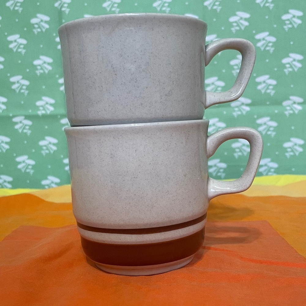 Vintage Stackable Mugs | Pair of 80s Hand Painted Stoneware Cups from Japan